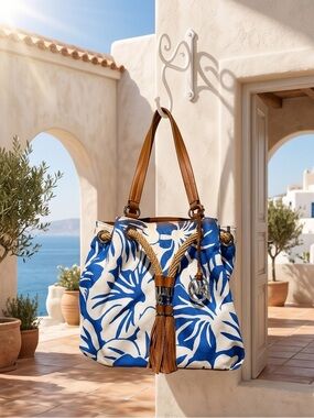 Michael Kors Blue and White Floral Canvas Tote with Brown Leather Accents